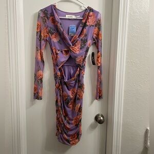 Purple floral long sleeve mesh dress